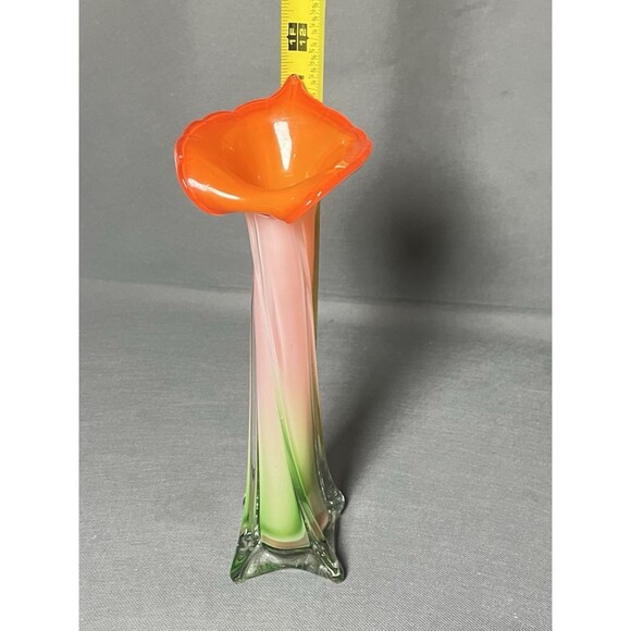Murano Style Calla Lily Jack In the Pulpit Vase Art Glass Flower Orange Vintage - Picture 5 of 12